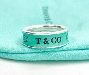 Tiffany & Co. 1837 Concave Blue Enamel Band Ring Silver Gift RARE Size 6.75